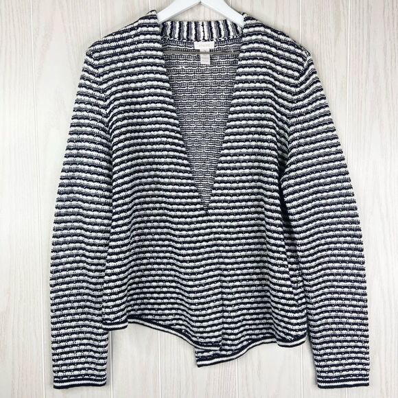 Chico's Women's Black And White Striped Open Front Cardigan Sweater Size 2/US 12 - Picture 1 of 4